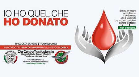 CasaPound Lamezia promuove “Io ho quel che ho donato” Sabato 24 ottobre, al Centro Trasfusionale di Lamezia Terme e in molte città italiane, raccolta straordinaria di sangue in ricordo dei piccoli martiri di Gorla