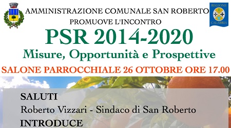 San Roberto, il 26 ottobre incontro su Psr 2014-2020 Evento su progetti e misure in campo agricolo