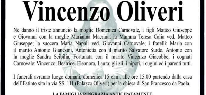 Gioia Tauro, è morto Vincenzo Oliveri I funerali si terranno domenica 15 gennaio ore 15,00