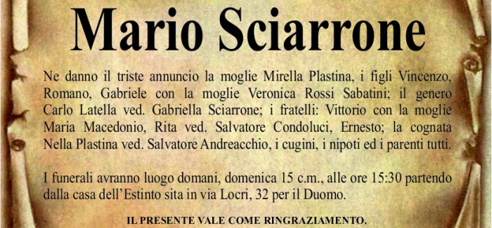 Gioia Tauro, è morto Mario Sciarrone Domani, alle 15.30, i funerali