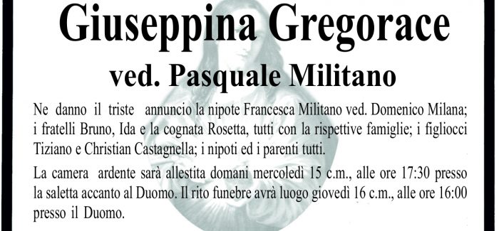 Palmi, si è spenta Giuseppina Gregorace Il rito funebre avrà luogo giovedì alle 16