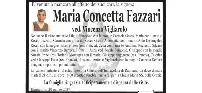 Taurianova, si è spenta Maria Concetta Fazzari I funerali si svolgeranno domani alle 16