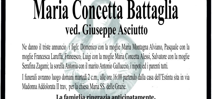 Taurianova, è morta Maria Concetta Battaglia Il funerale si svolgerà domani 2 Maggio alle ore 16,00