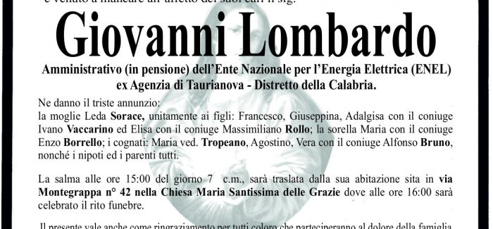 Taurianova, si è spento Giovanni Lombardo I funerali si svolgeranno domani alle 16