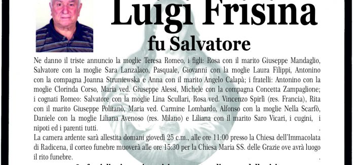 Taurianova, è venuto a mancare Luigi Frisina Domani alle 15.30 il rito funebre