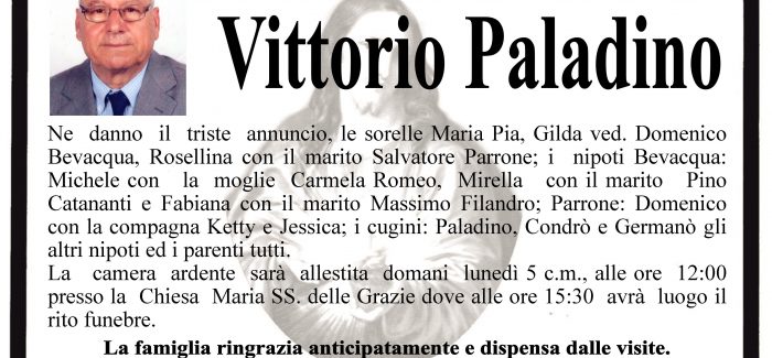 Taurianova, è morto Vittorio Paladino Domani alle ore 15,00 il funerale 
