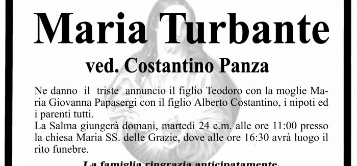 Taurianova, è venuta a mancare la signora Maria Turbante Domani alle 16.30 avrà luogo il rito funebre