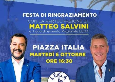 Taurianova, Matteo Salvini in Piazza Italia per la vittoria di Roy Biasi Alle ore 16.30 in Piazza Italia in occasione della "Festa di ringraziamento" per il risultato vincente delle elezioni
